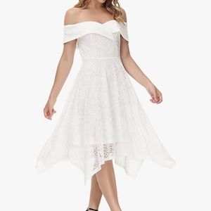 Jasambac white lace off the shoulder dress asymmetrical hem Size S